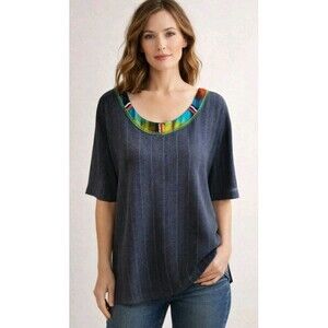 Surya II Blouse Size XL Purple Beaded Neckline Short Sleeve Rayon